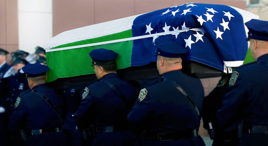 Her coffin was draped in the official flag colors of the NYPD.