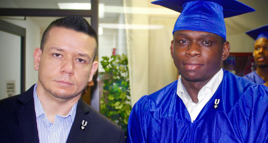 From left: Veterans Rebuilding Life members: Dre Popow and Wilfride Dextra at his graduation ceremony.