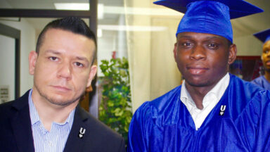 From left: Veterans Rebuilding Life members: Dre Popow and Wilfride Dextra at his graduation ceremony.
