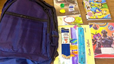 School supplies including backpacks and stationary donated to displaced children through the 2023 humanitarian initiative.