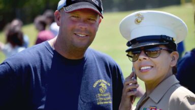From left: Marine Corps Veterans: Mark Ruf, and  Parra, of the 6th Communication Battalion, Alpha Company.