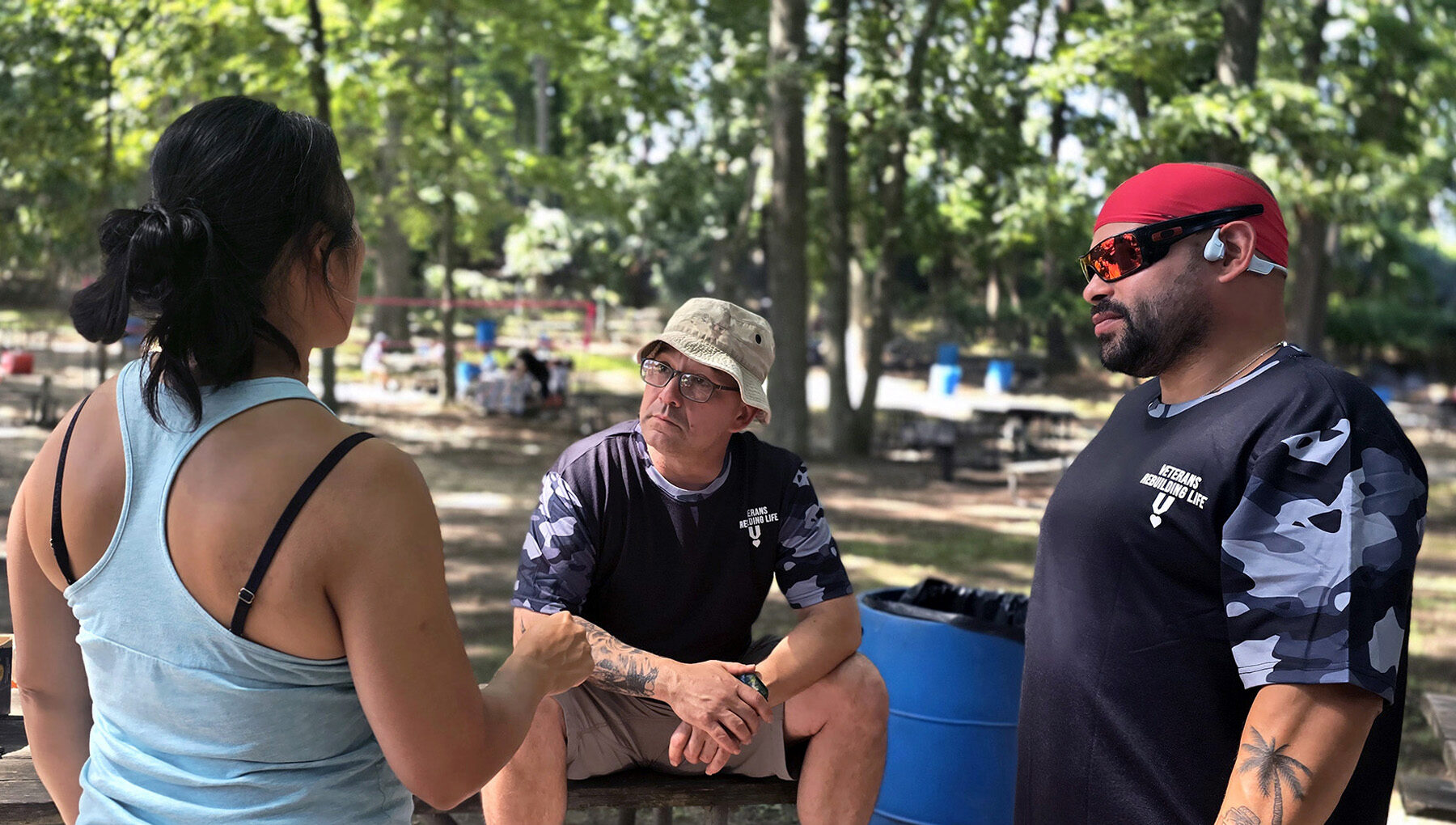 From left: Marine Corps veterans of the Iraq War: Kim, Forsta, and Vargas-Colon attended the Veterans Rebuilding Life camping trip in Wildwood State Park, NY.