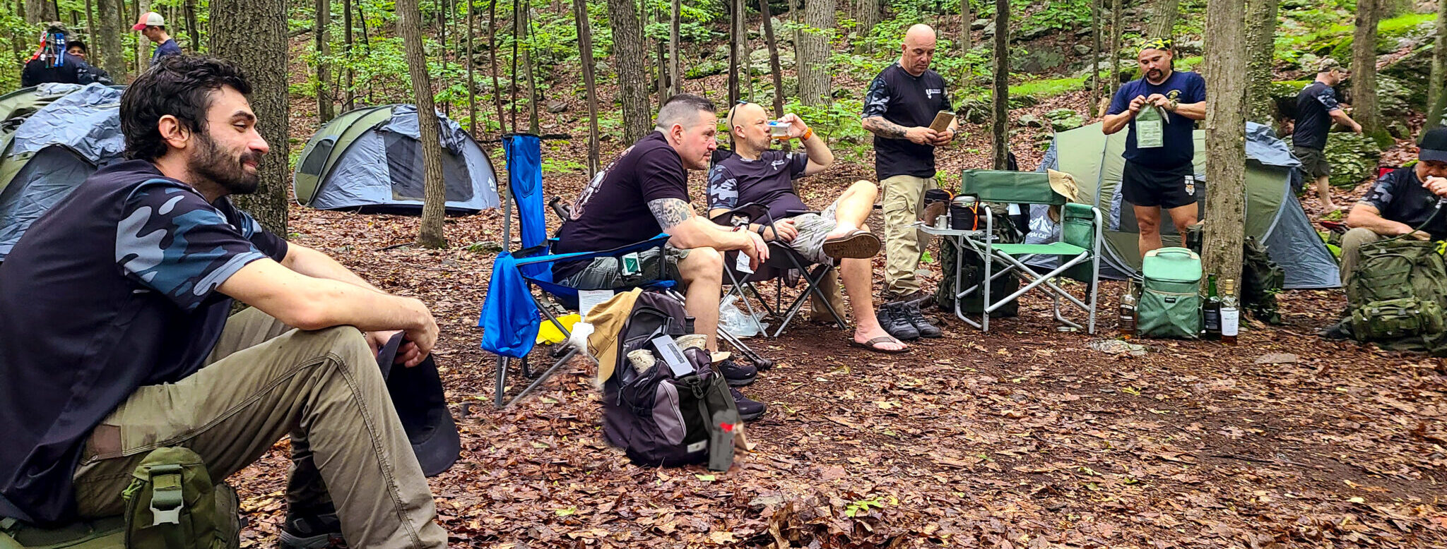 From left: Marine Veterans Alec Thelen, Mac, Bill Vallely, Pat Foresta, and Kevin Vargas-Colon, make camp at the top of Wildcat Mountain.